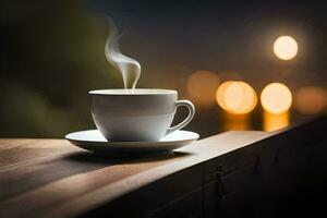 a cup of coffee on a wooden table with a blurred background. AI-Generated photo