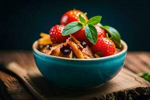 un cuenco de Fruta y vegetales con un rebanada de un pan. generado por ai foto