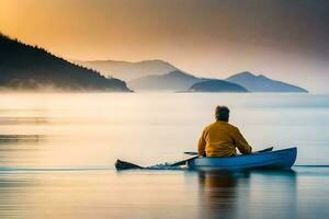 a man in a boat on the ocean at sunset. AI-Generated photo