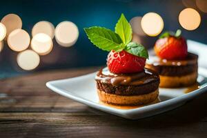 two small desserts on a white plate with strawberries. AI-Generated photo