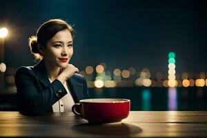 un mujer sentado a un mesa con un taza de café. generado por ai foto