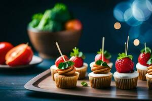 mini cupcakes with strawberries and cream on a wooden tray. AI-Generated photo