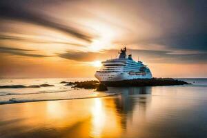 a cruise ship on the beach at sunset. AI-Generated photo