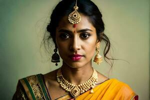 a beautiful indian woman wearing a sari and jewelry. AI-Generated photo