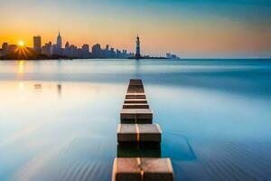 a pier in the water with the chicago skyline in the background. AI-Generated photo