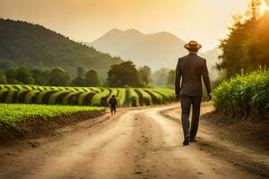 a man in a suit walks down a dirt road. AI-Generated photo