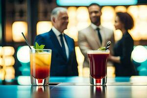 two people in suits standing next to drinks on a bar. AI-Generated photo