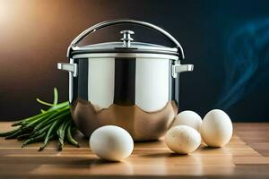 an open pot with eggs and asparagus on a table. AI-Generated photo