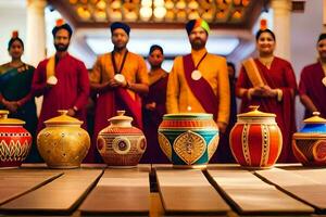 un grupo de personas en tradicional indio ropa en pie alrededor un mesa con vistoso ollas. generado por ai foto