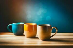 three coffee cups on a wooden table. AI-Generated photo