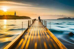 un hombre camina a lo largo un muelle a puesta de sol. generado por ai foto