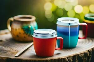 colorful mugs on a wooden table. AI-Generated photo