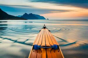 un barco es flotante en el Oceano a puesta de sol. generado por ai foto