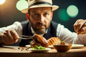 un hombre en un sombrero es comiendo un pollo emparedado. generado por ai foto