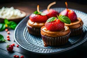cupcakes with strawberries on a black plate. AI-Generated photo
