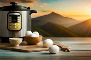 an instant pot with eggs and a bowl of eggs. AI-Generated photo