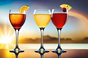 three glasses of different colored drinks with sunset in the background. AI-Generated photo