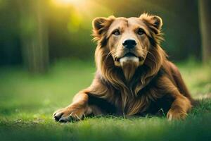 a lion is sitting on the grass in the sun. AI-Generated photo