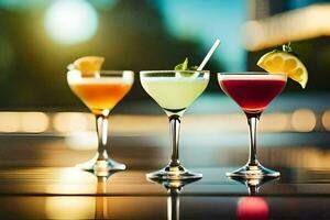 three different cocktails are shown on a table. AI-Generated photo