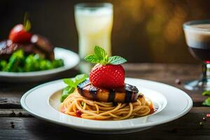 grilled pork chop with spaghetti and strawberry on a wooden table. AI-Generated photo