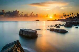 a beautiful sunset over the ocean with rocks and palm trees. AI-Generated photo