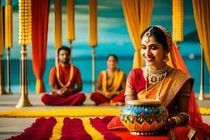 a woman in traditional indian attire sits on a red and yellow rug. AI-Generated photo