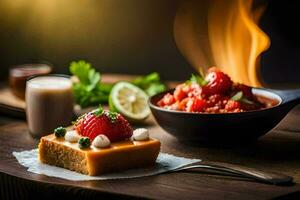 a plate with a strawberry and a bowl of sauce. AI-Generated photo