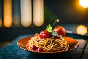 spaghetti with strawberries and basil on a plate. AI-Generated photo