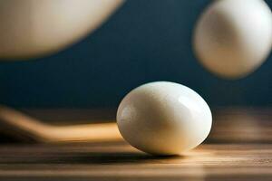 a white egg on a wooden table. AI-Generated photo