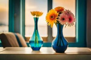 two blue vases with flowers sitting on a table. AI-Generated photo