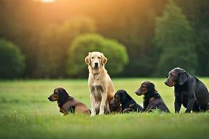 a group of dogs sitting in the grass. AI-Generated photo