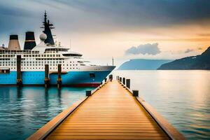 a cruise ship docked at a pier in the ocean. AI-Generated photo