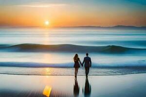 un Pareja caminando en el playa a puesta de sol. generado por ai foto