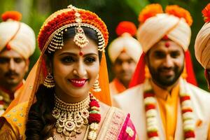 a bride and groom in traditional indian attire. AI-Generated photo