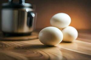 three eggs on a wooden table next to a coffee maker. AI-Generated photo