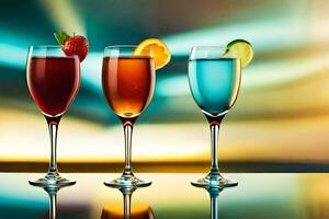 three glasses of different colored drinks on a table. AI-Generated photo