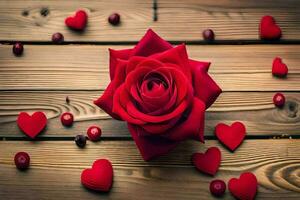 the rose is surrounded by red hearts on a wooden background. AI-Generated photo