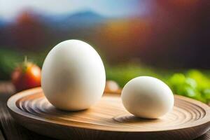 two eggs on a wooden tray with a background of a field. AI-Generated photo