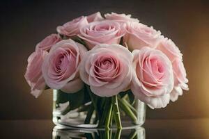 pink roses in a clear vase on a table. AI-Generated photo