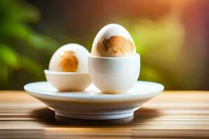 two eggs in a bowl on a table. AI-Generated photo