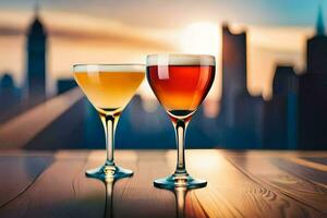 two glasses of alcohol on a table with cityscape in the background. AI-Generated photo