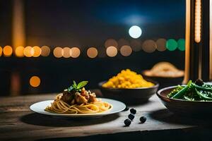 un mesa con pasta, vegetales y un lámpara. generado por ai foto