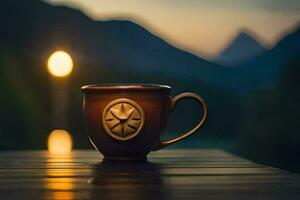 a coffee cup on a wooden table in front of a mountain. AI-Generated photo