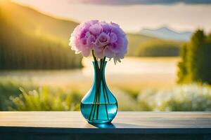 a vase with pink flowers on a table in front of a lake. AI-Generated photo