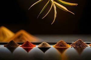 a row of spices on a black background. AI-Generated photo