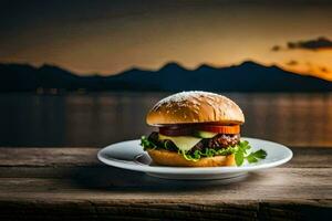 a hamburger on a plate with a sunset in the background. AI-Generated photo