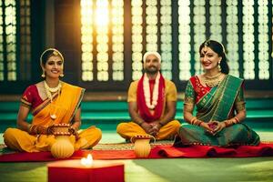 a couple in traditional indian attire sit on the floor and light candles. AI-Generated photo