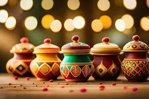 colorful pots on a wooden table with lights. AI-Generated photo