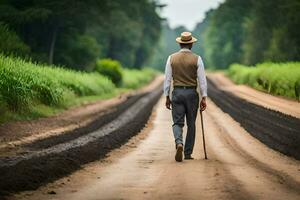 a man in a hat and suit walking down a dirt road. AI-Generated photo