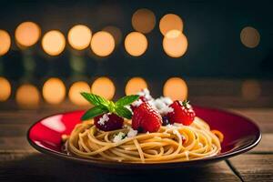 spaghetti with strawberries and mint on a plate. AI-Generated photo